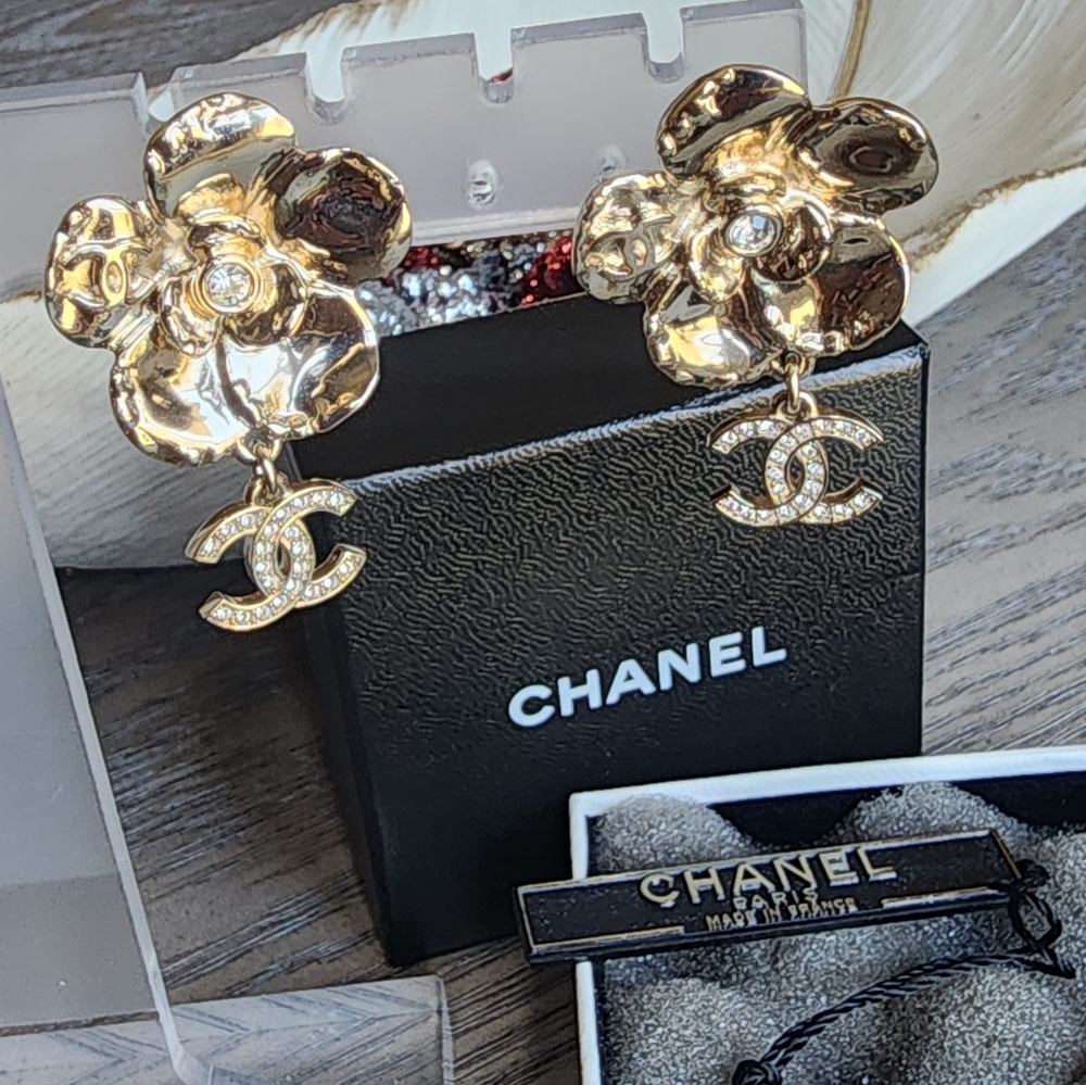 Authentic CHANEL Gold Camellia Drop Earrings with Crystal CC Charms